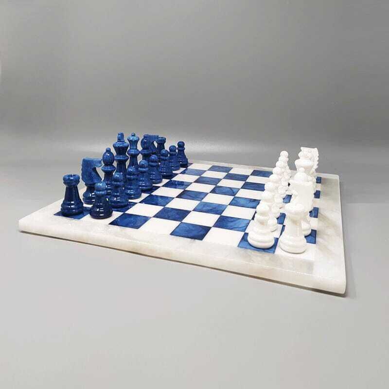 Vintage 1970s Italian Volterra Alabaster Chess Set   Cobalt Blue & White photo furniture
