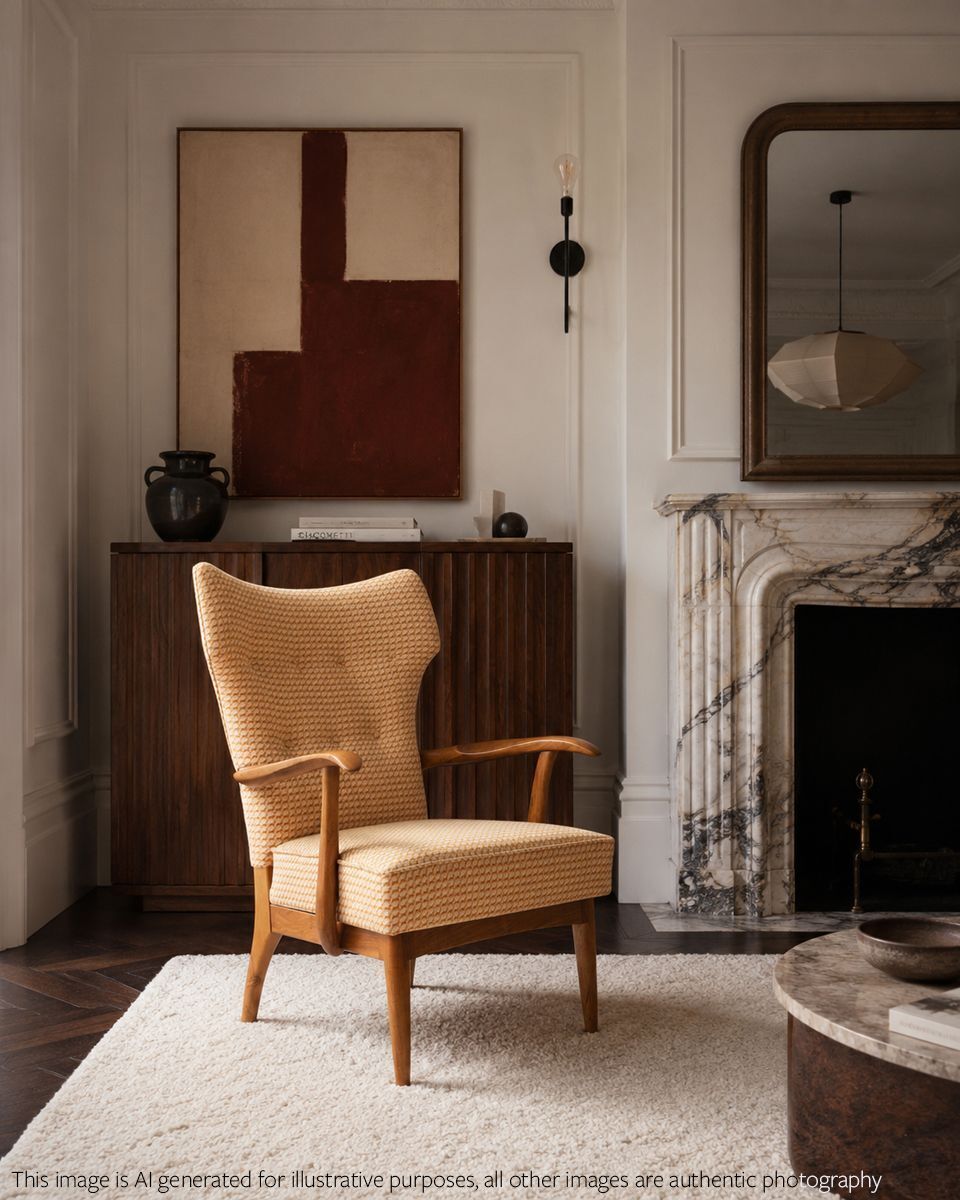 Midcentury Walnut Chair Reupholstered In Hermes Orange Cheval Pixel Fabric photo 2850.0