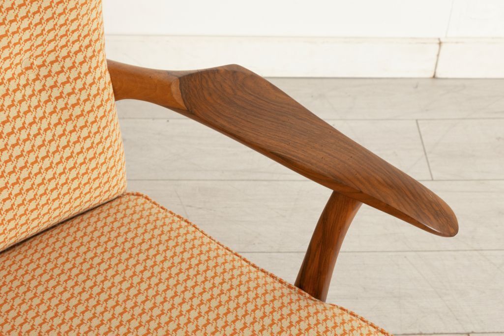 Midcentury Walnut Chair Reupholstered In Hermes Orange Cheval Pixel Fabric photo buy