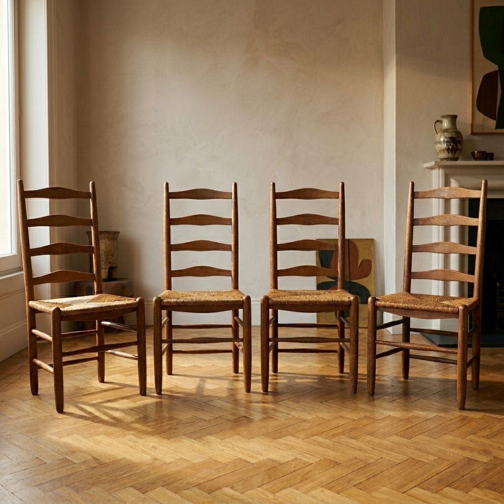 Eetkamerstoelen, Rustieke Eiken Spijlenstoelen, Set van 4, Ca. Jaren 1960, België, Biezen Zitting
