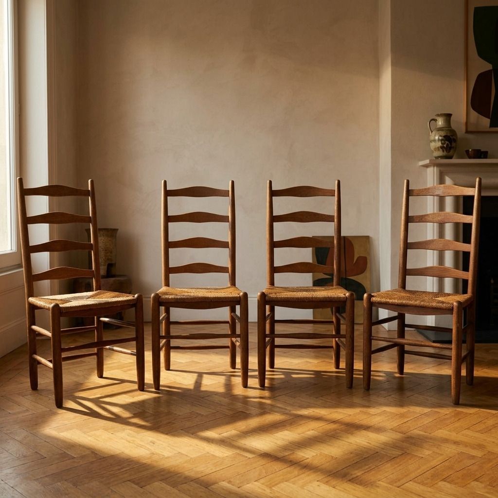 Eetkamerstoelen, Rustieke Eiken Spijlenstoelen, Set van 4, Ca. Jaren 1960, België, Biezen Zitting photo furniture