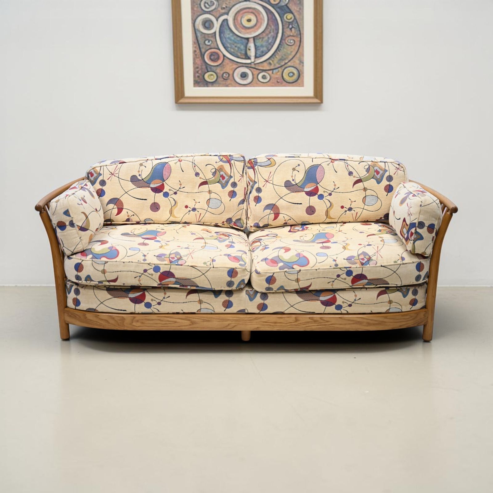 photo vintage Ercol Renaissance Low Back Sofa Light Finish Miro'ish Upholstery