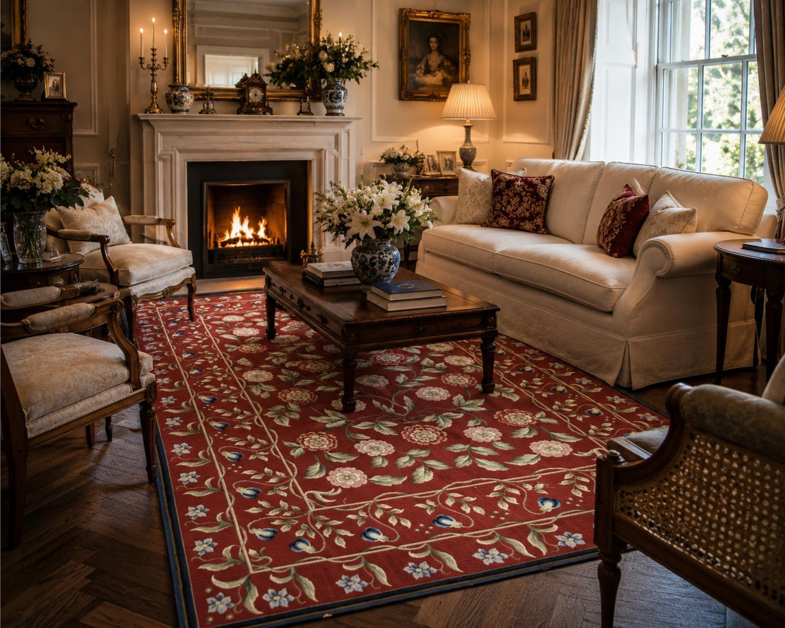 Tapis traditionnel bordeaux de style Aubusson, motifs floraux, laine tissée à la main, point de tapisserie photo for sale