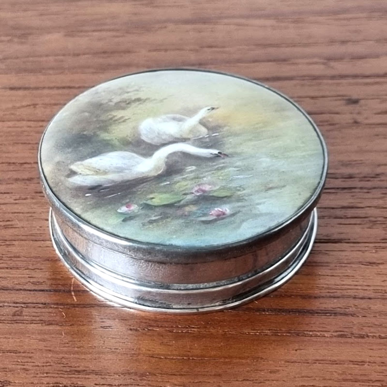1926 Sterling Zilver Email Zwaan Compact Spiegel van Sanders & Mackenzie photo for sale