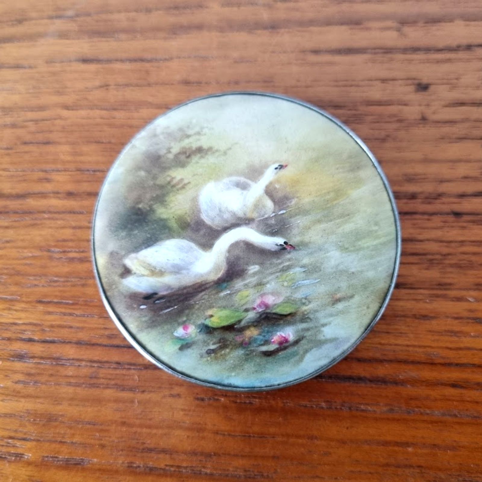 1926 Sterling Zilver Email Zwaan Compact Spiegel van Sanders & Mackenzie photo Woonaccessoires