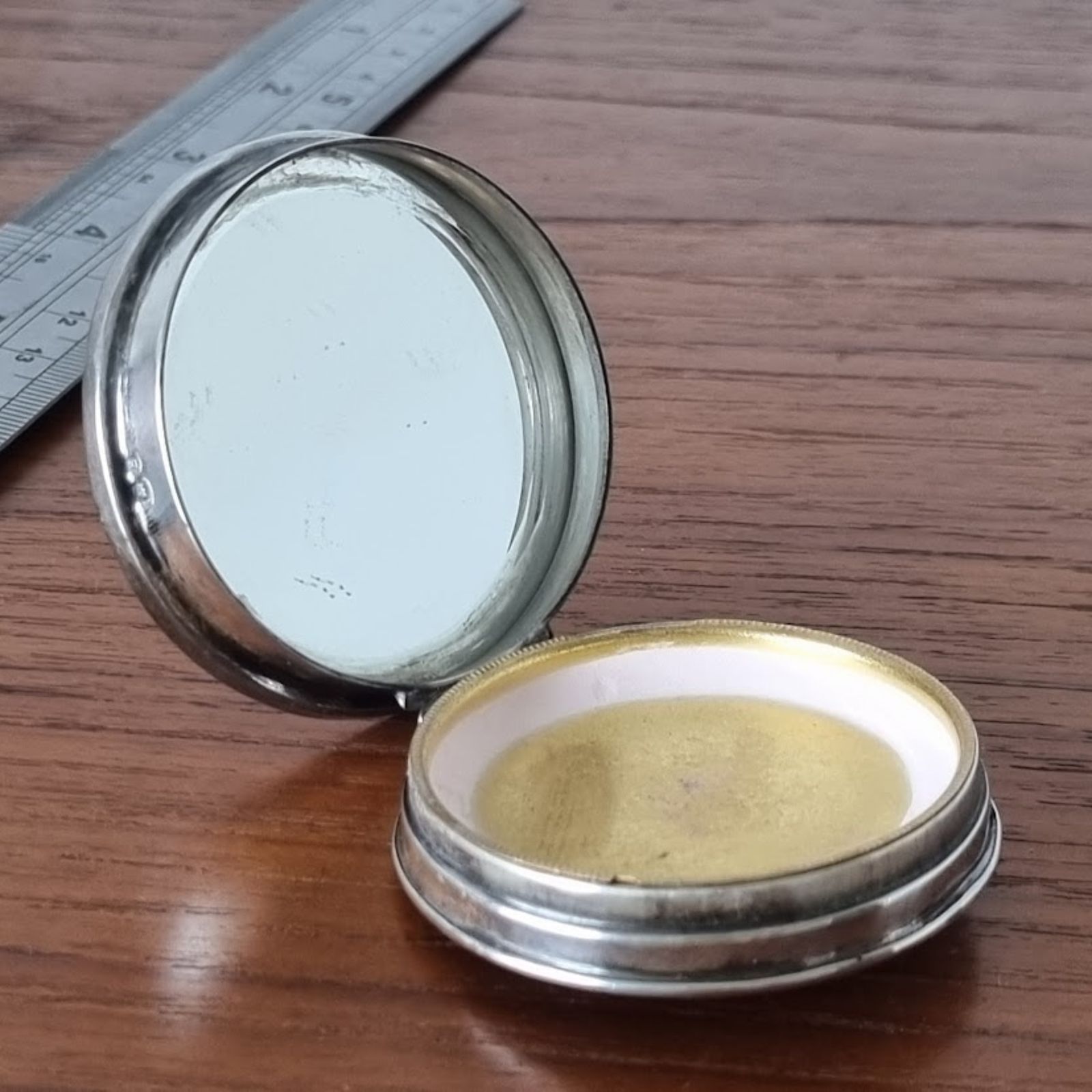 photo for sale 1926 Sterling Zilver Email Zwaan Compact Spiegel van Sanders & Mackenzie