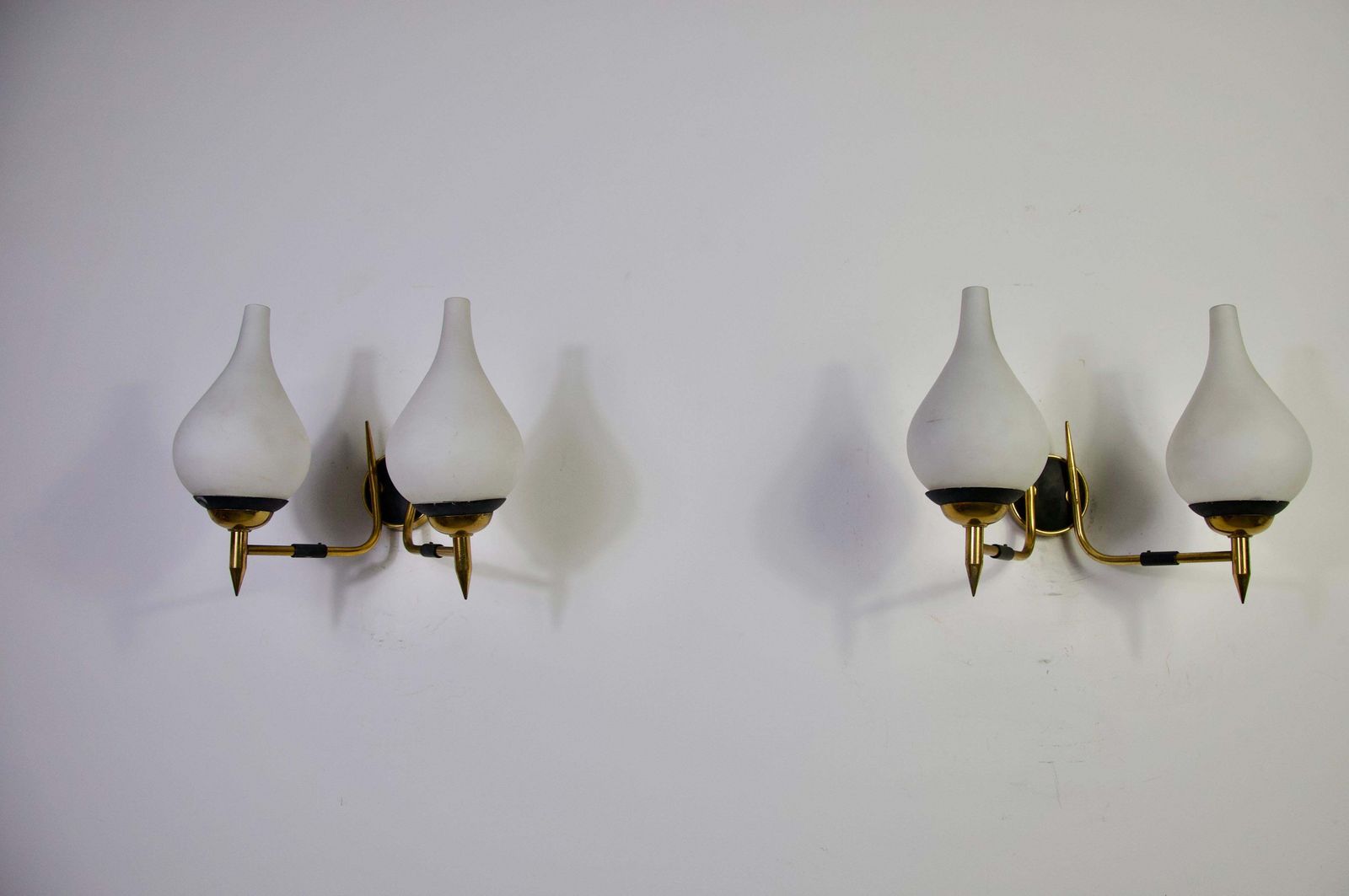 Mid Century Brass And Opaline Wall Lamps By Stilnovo, Italy, 1960s photo for sale