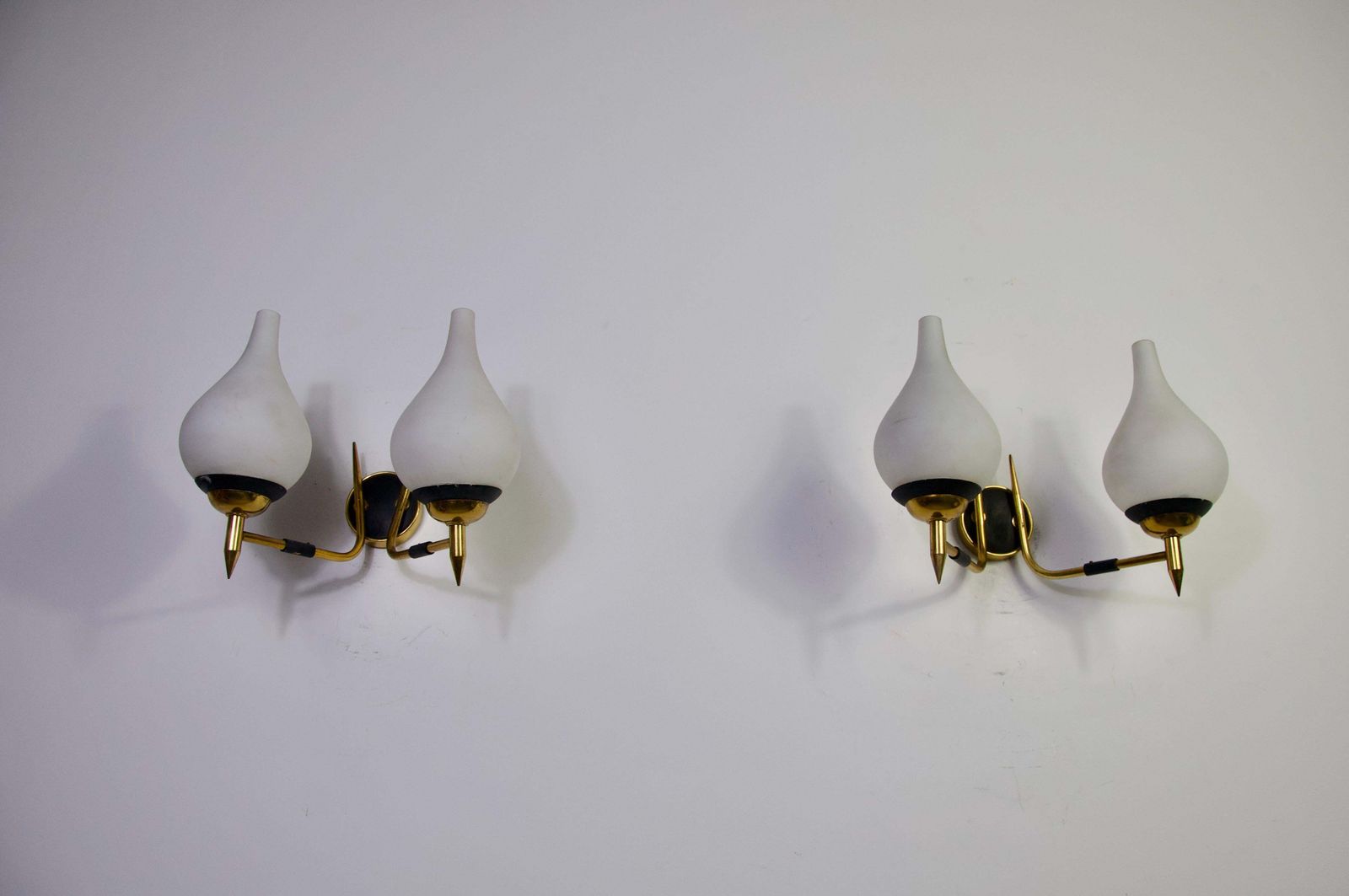 Mid Century Brass And Opaline Wall Lamps By Stilnovo, Italy, 1960s photo vinterior