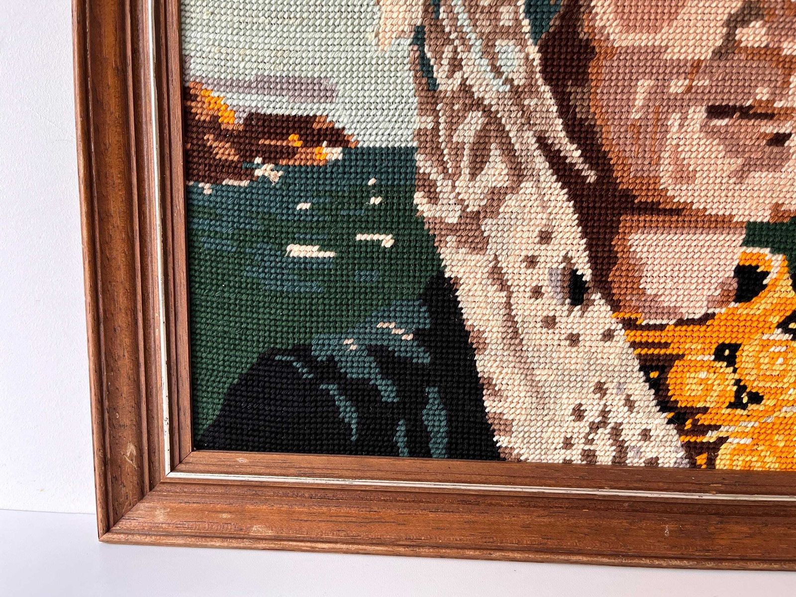 photo for sale Vintage French Tapestry Portrait Of A Breton Woman "La Bigoudene", Framed 1950s Knitted Picture