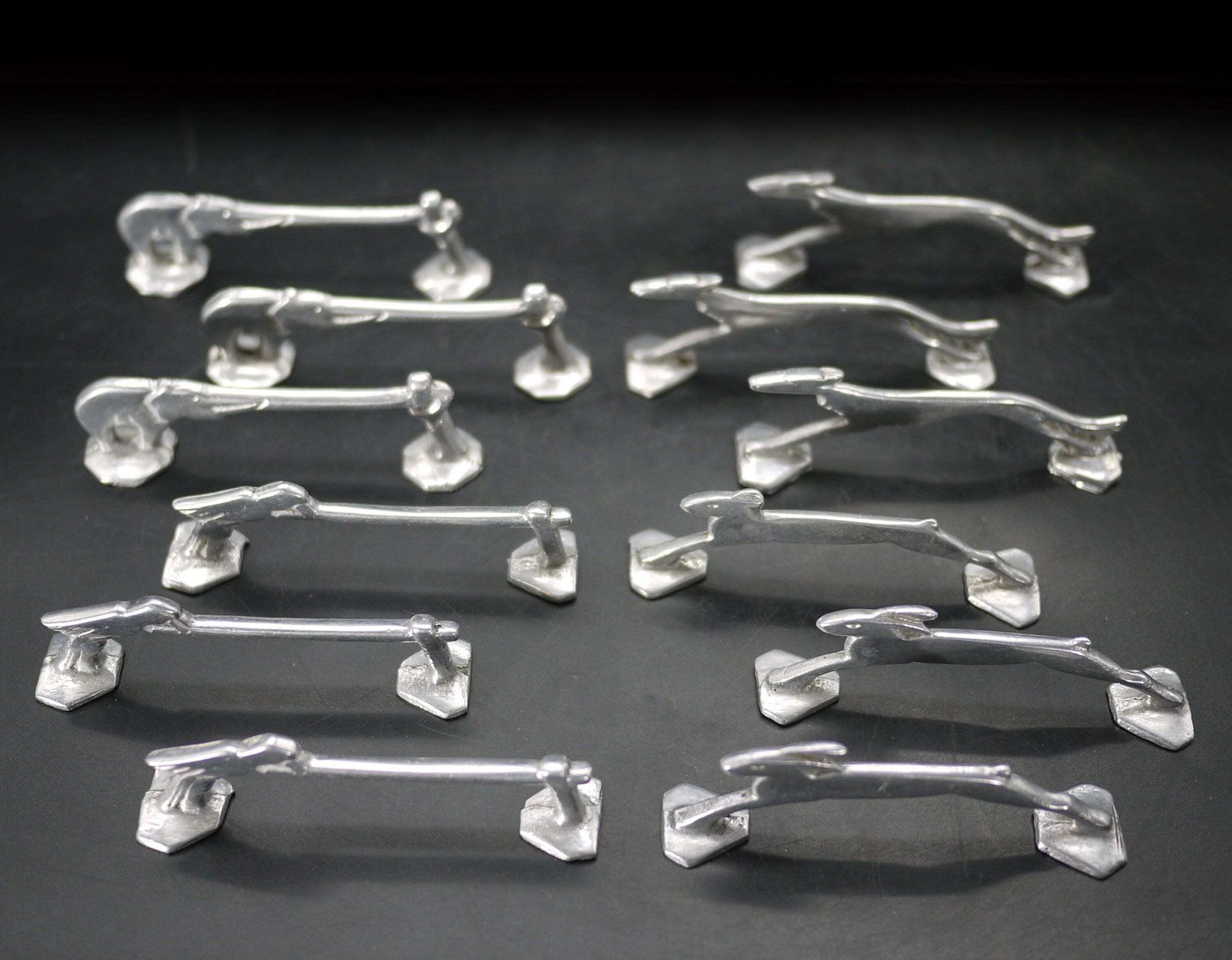 French Art Deco Animal Knife Rest Set Of 12 In Aluminum photo for sale