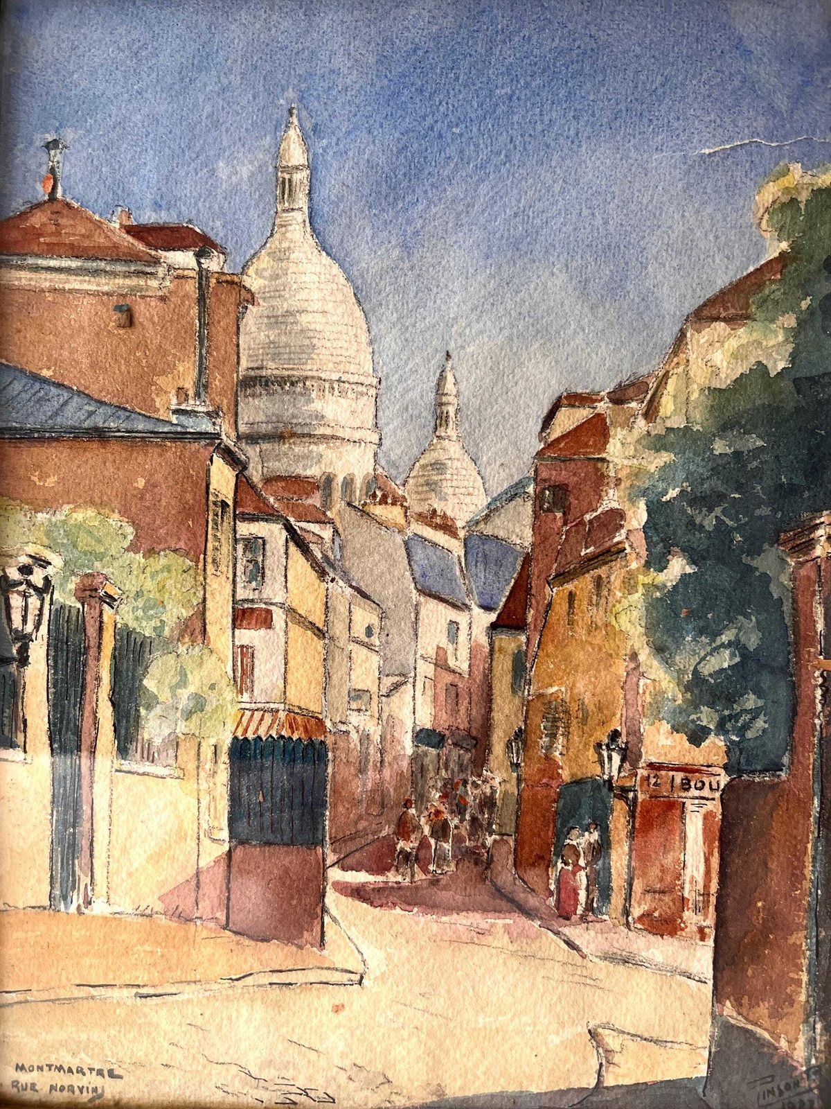 Aquarel met Parijs straatgezicht in Montmartre, 1927 – antiek schilderij photo Kunst