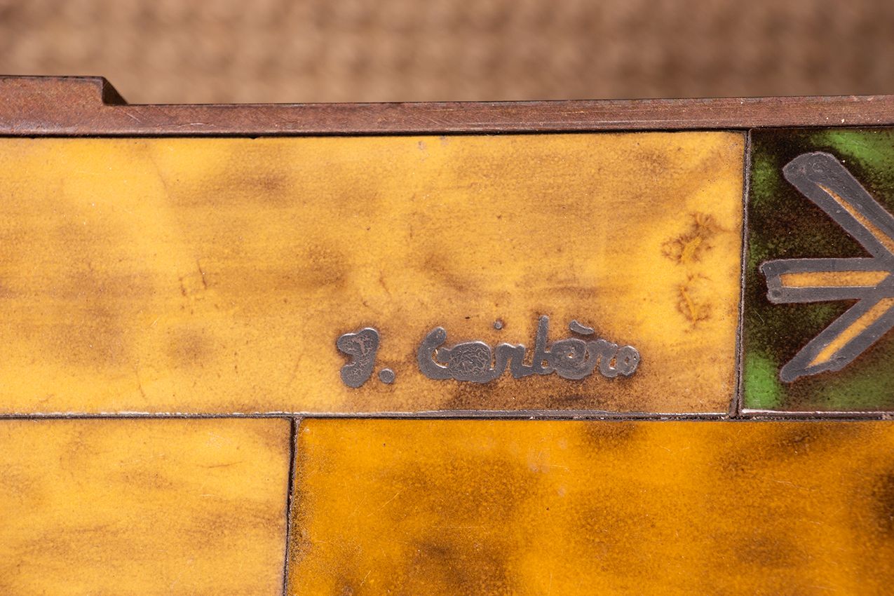 photo vintage Table basse en céramique émaillée, pied en acier, par Jean Garbero, Vallauris, 1950