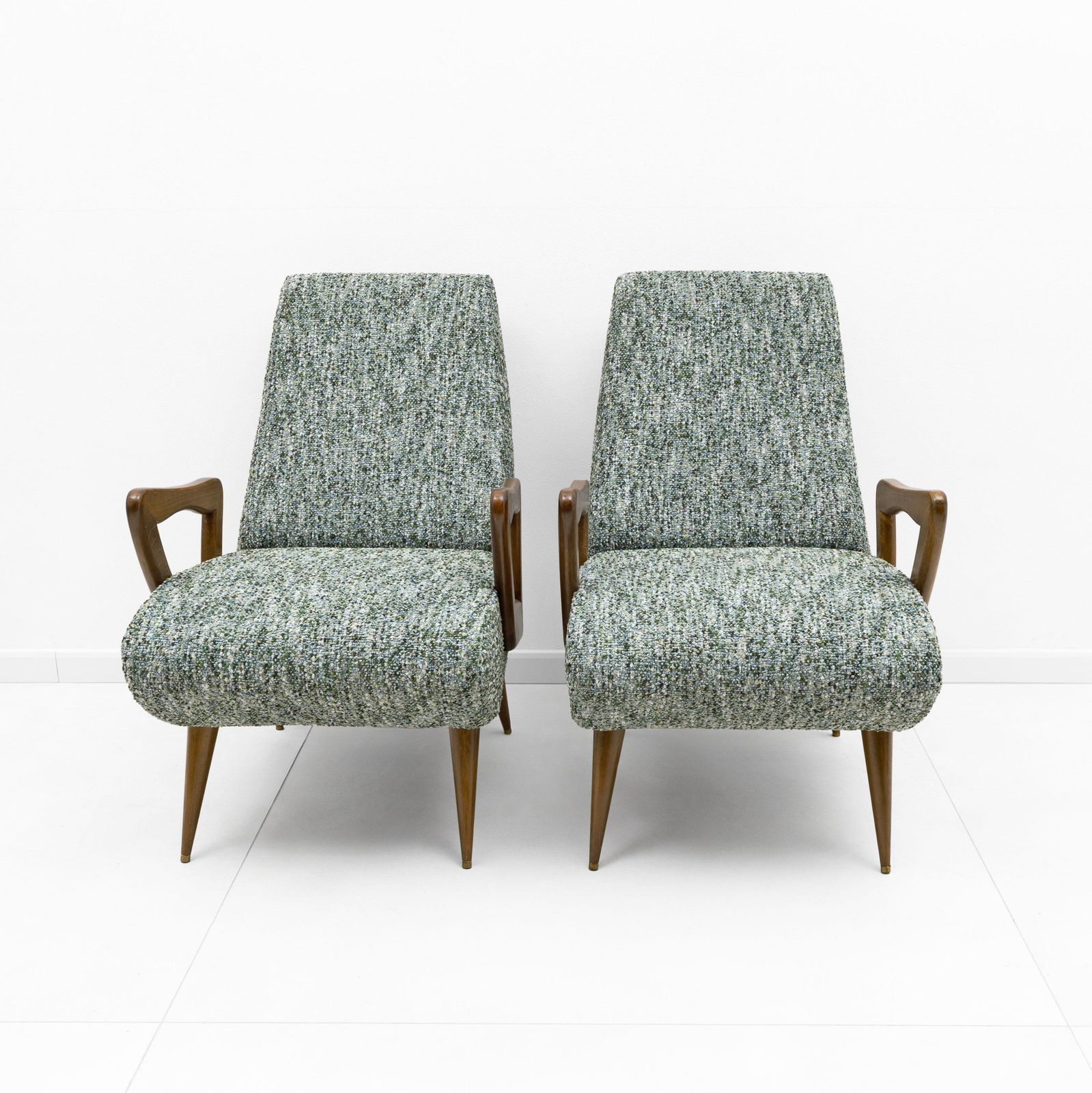 Pair Of Italian Mid Century Modern Armchairs With Sculptural Wooden Arms photo Furniture