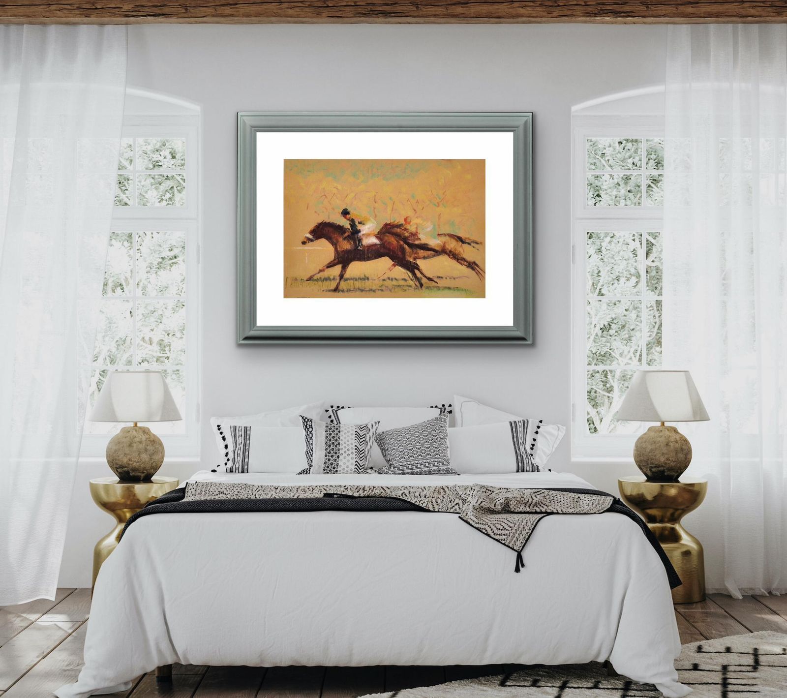 photo buy John Rattenbury Skeaping, 1901-1980. Into The Final Furlong, 1965. Dessin au pastel sur papier coloré représentant des chevaux de course, encadré. Mid-century, britannique.