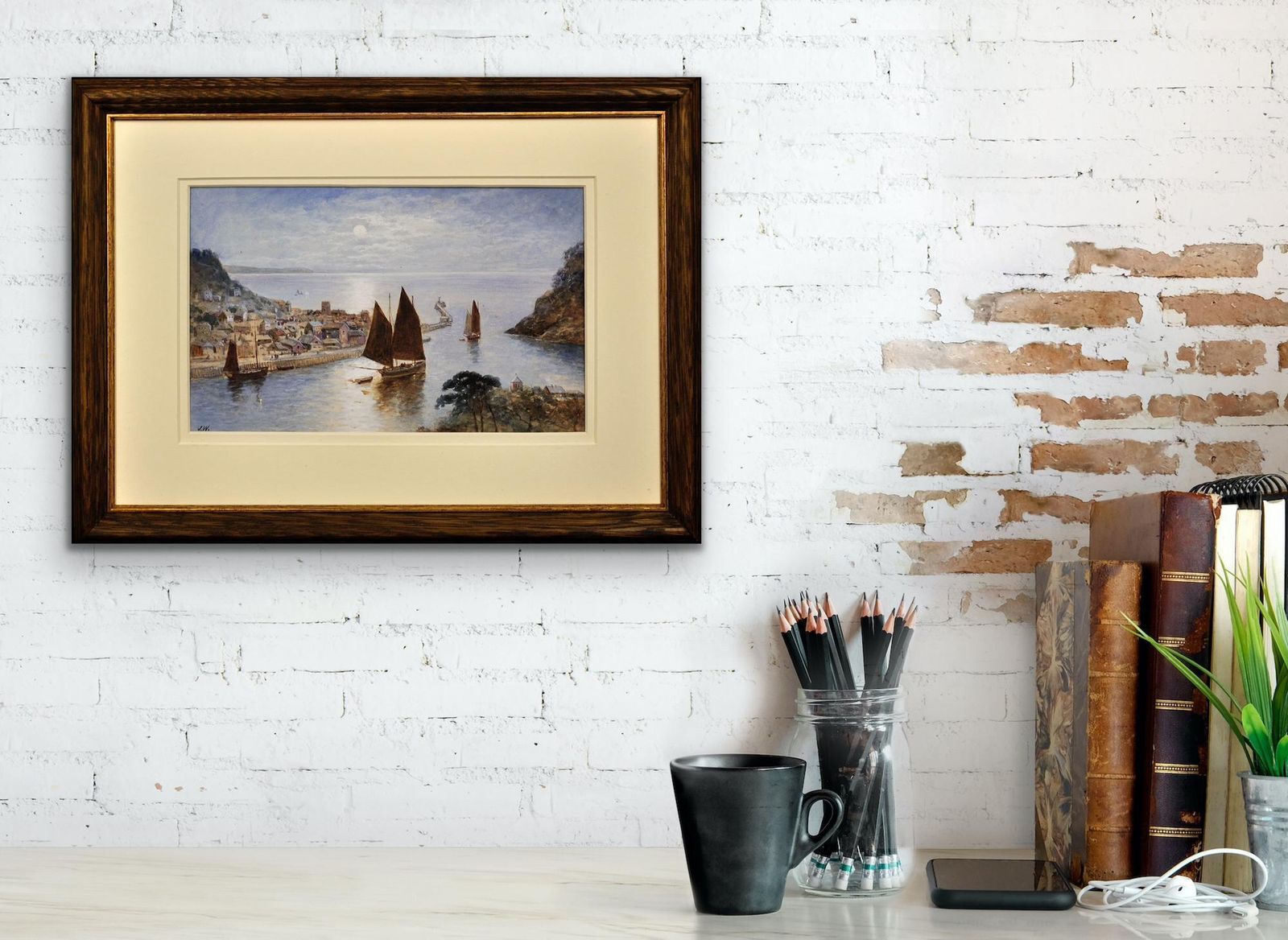 photo for sale J. Wilson fl.1837 tot 1870. Engels. Looe Town & Harbour, Cornwall. Ingelijst Cornish aquarel. Luggers onder zeil. Ca. 1860. Victoriaans.
