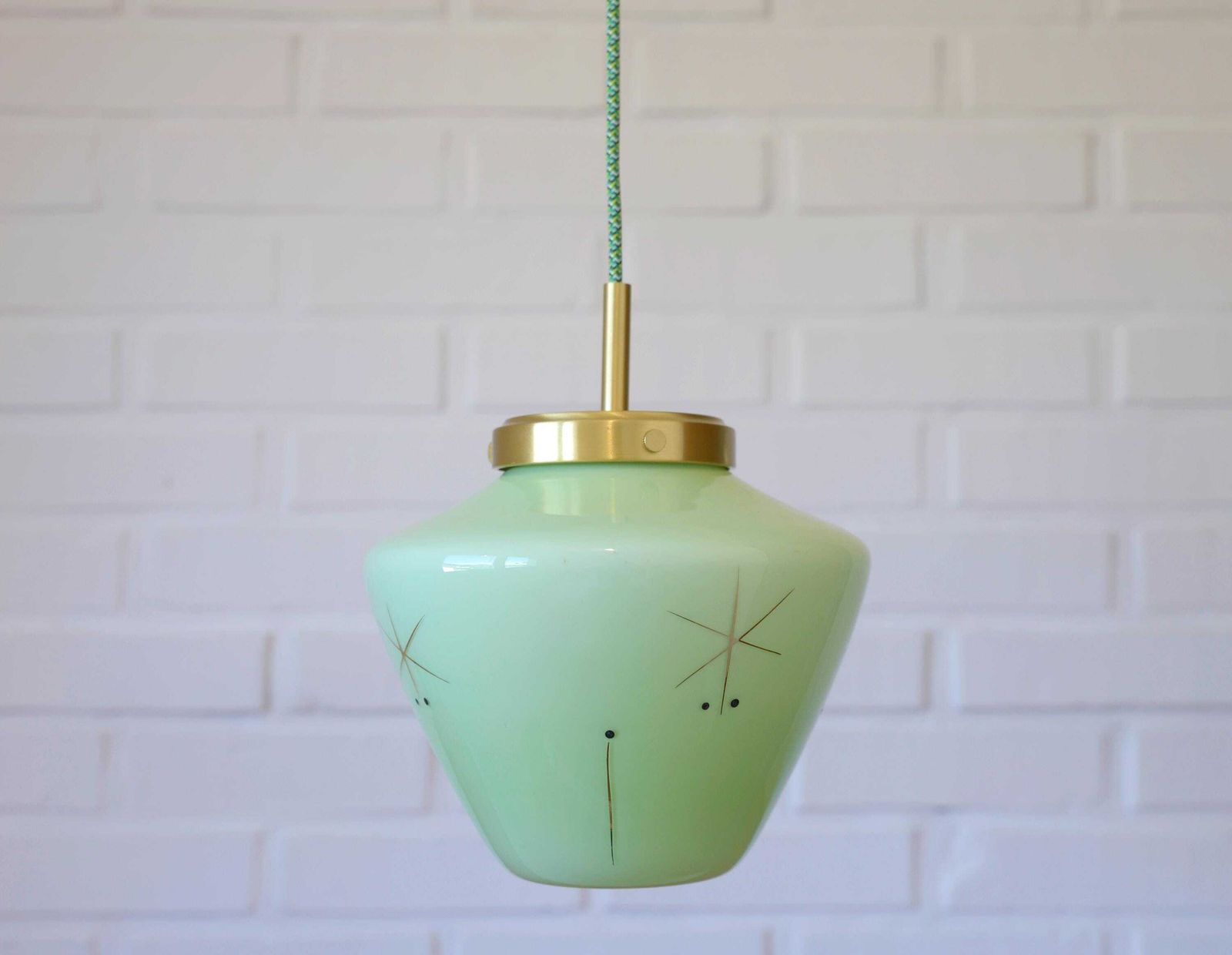Vintage Space Age Mint Green Opaline Glass Pendant Light | Mid Century Modern | Hand Blown Glass | Brass Redesign
