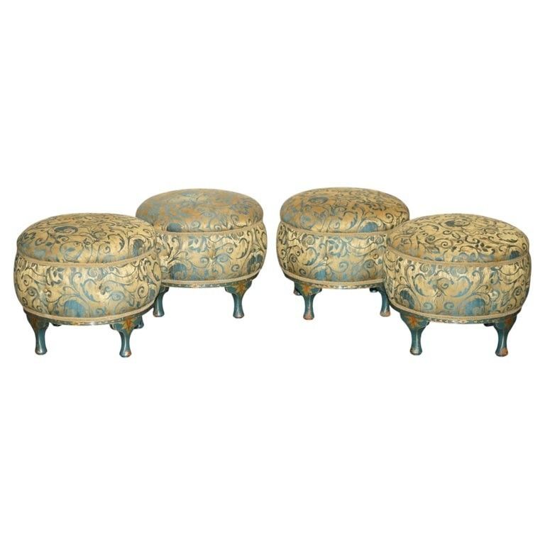 Four Antique Green Chinese Chinoiserie Footstools Pouffes Part Of A Large Suite