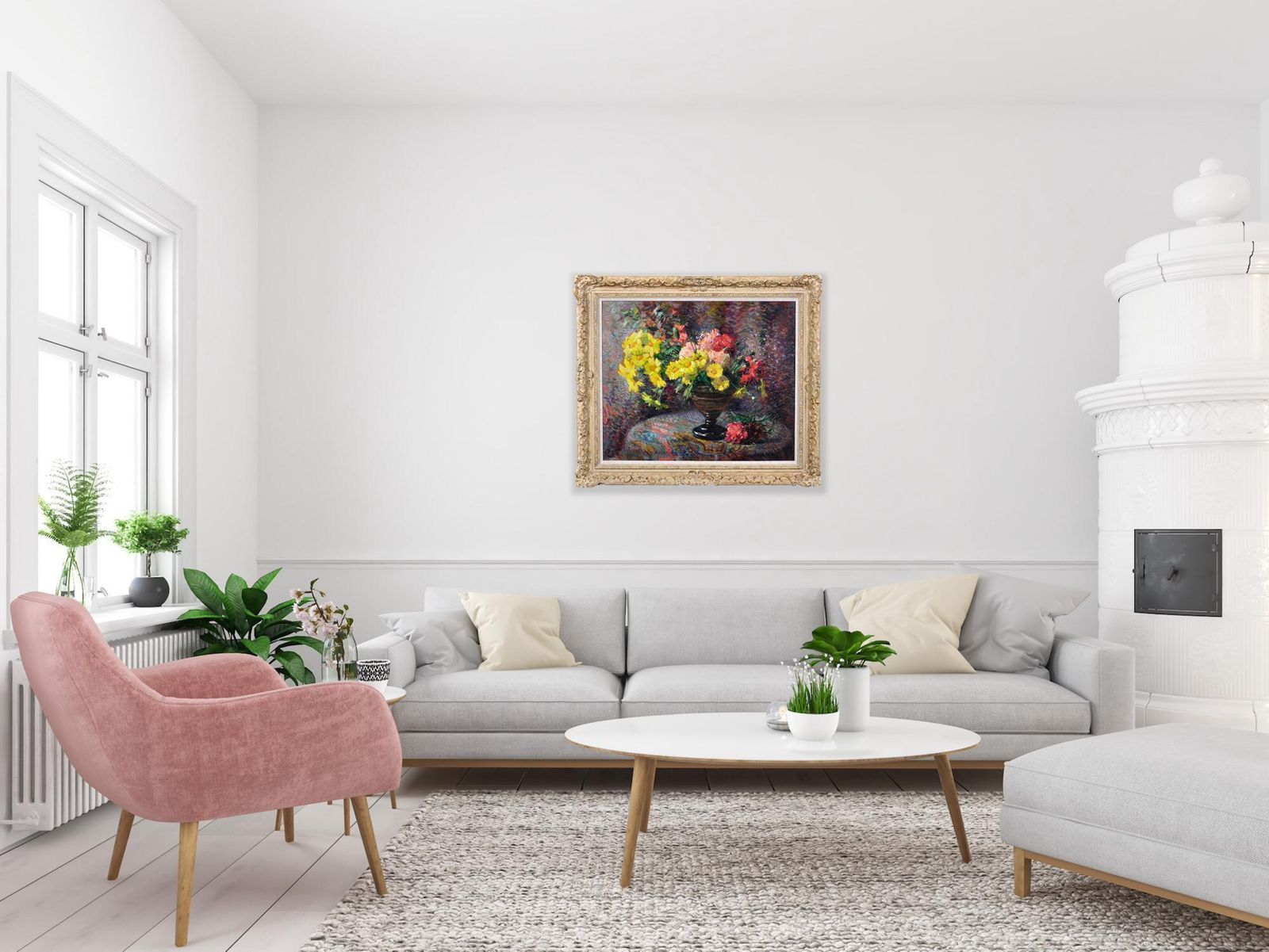 photo furniture Jean Chaleye 1878 To 1960. French. Still Life Of Carnations & Marigolds. Framed Post Impressionistic Pointillism Oil Painting.