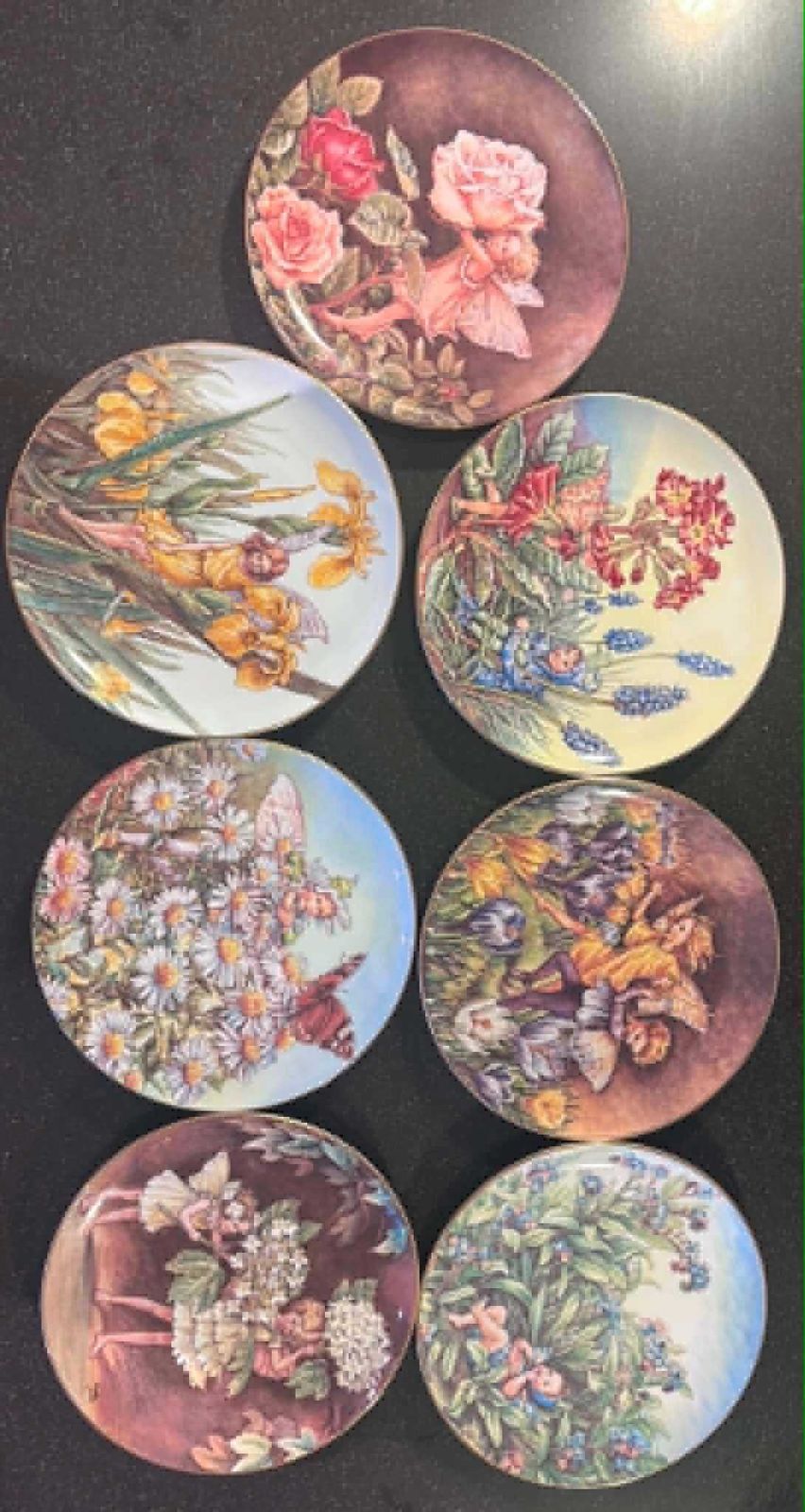 photo furniture Vintage Flower Fairies Collector Plates Set van 7 – Border Fine Bone China England – Cicely Mary Barker – Festival – Genummerd – Gouden Rand
