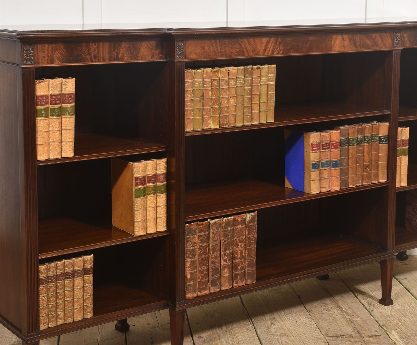 photo for sale Large Flame Mahogany Breakfront Open Bookcase