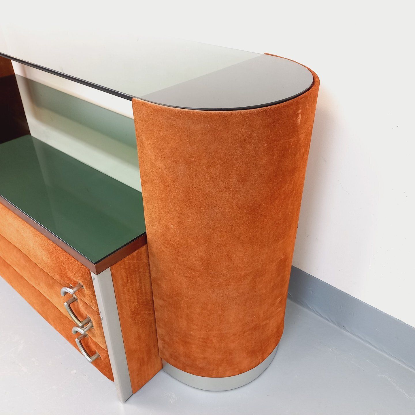 Space Age Kaptafel in Fluweel, Chroom en Gerookt Glas photo vintage