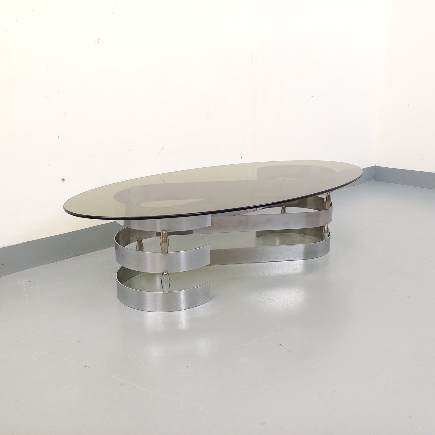 Space Age Oval Coffee Table In Smoked Glass And Chromed Metal photo furniture