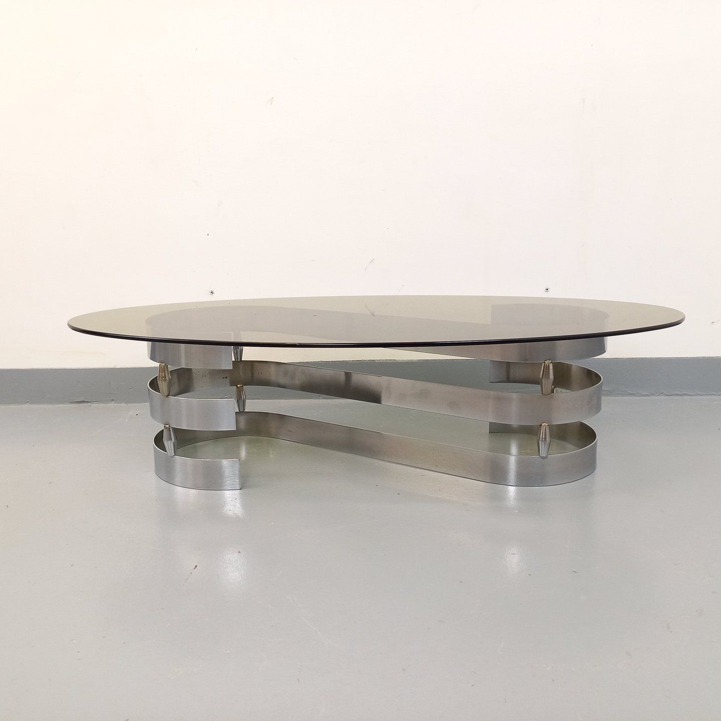 Space Age Oval Coffee Table In Smoked Glass And Chromed Metal photo for sale