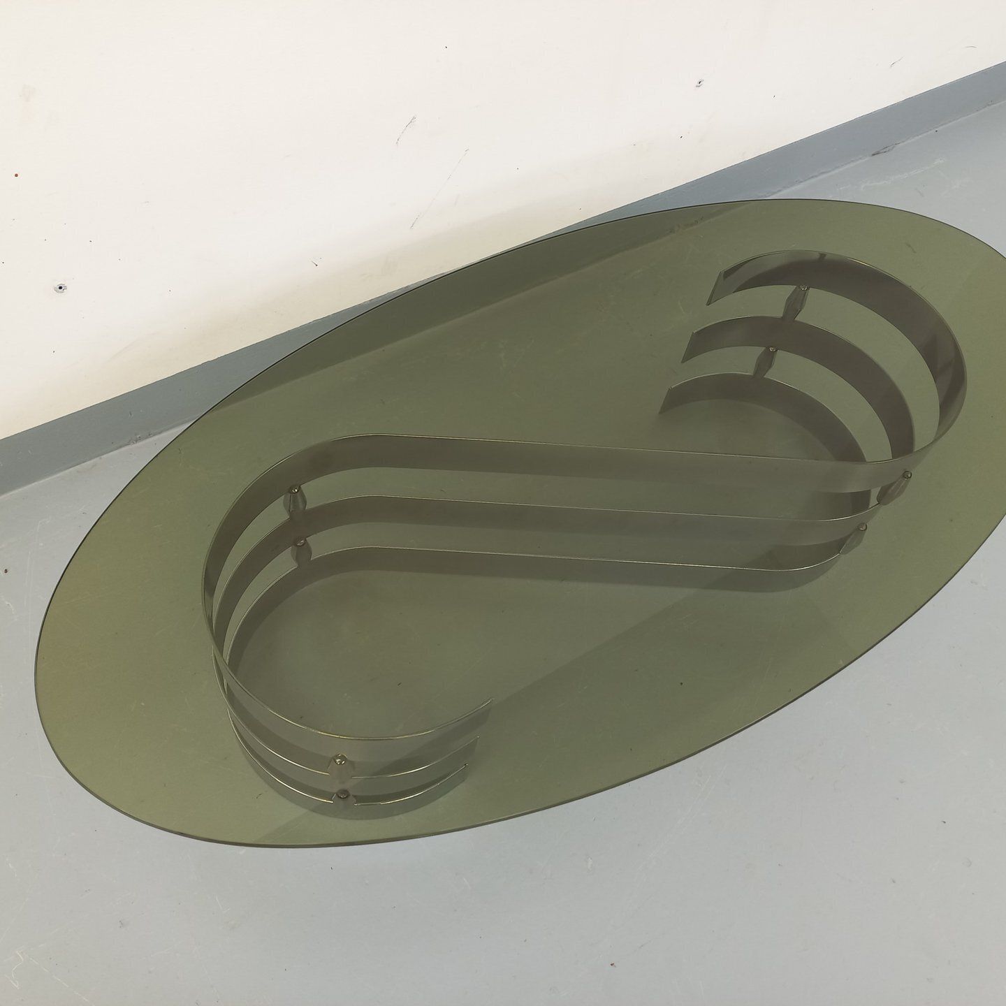 Space Age Oval Coffee Table In Smoked Glass And Chromed Metal photo 931.0