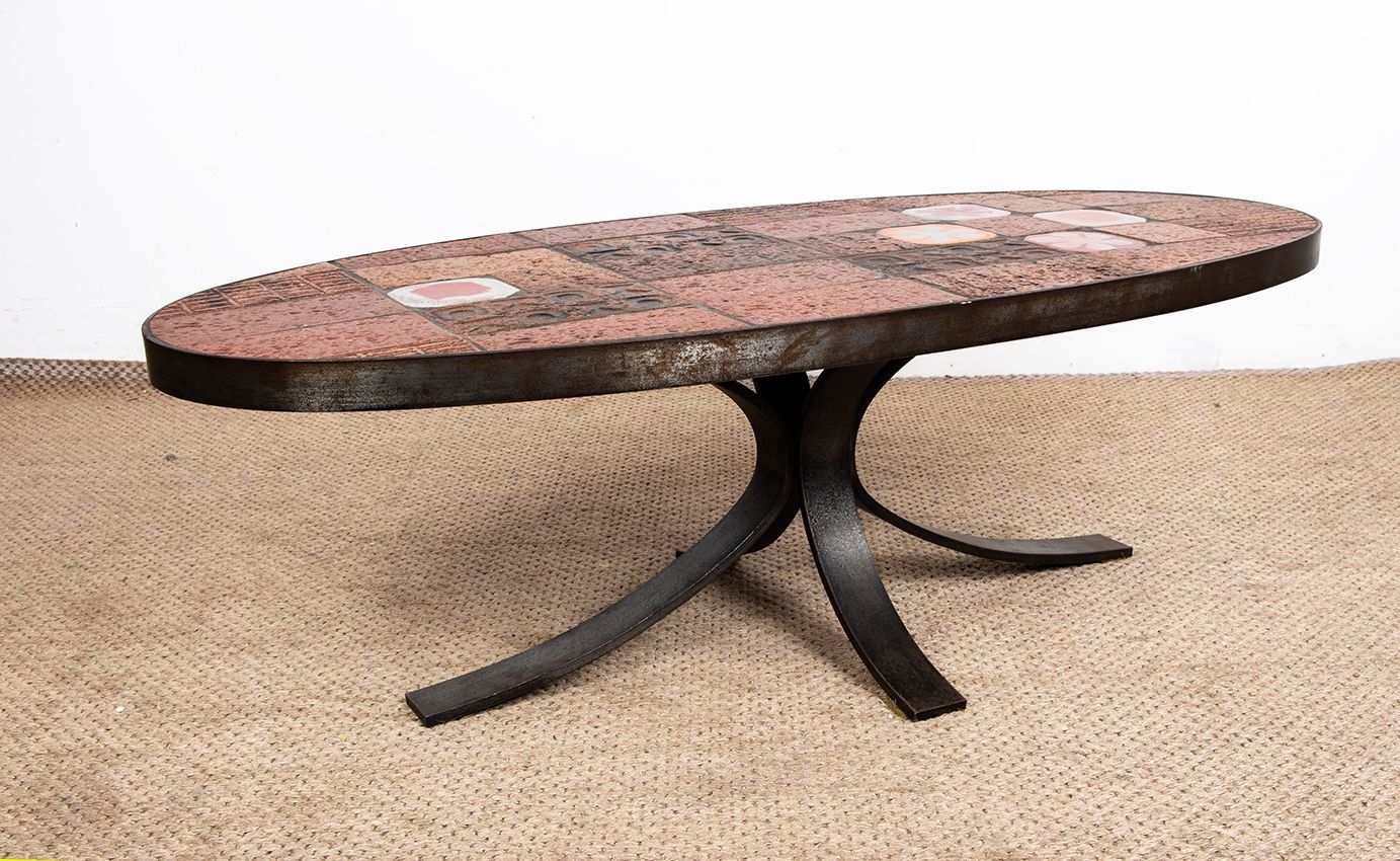 photo for sale Lava Stone, Ceramic, And Steel Coffee Table By Jean Jaffeux, 1960.