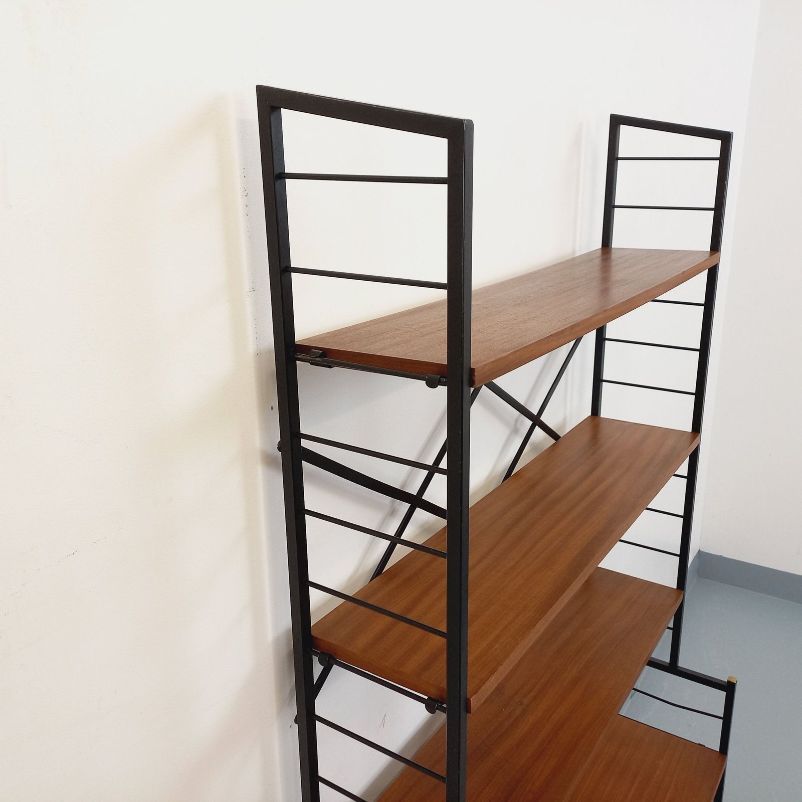Italian Teak And Black Metal Bookcase photo vintage
