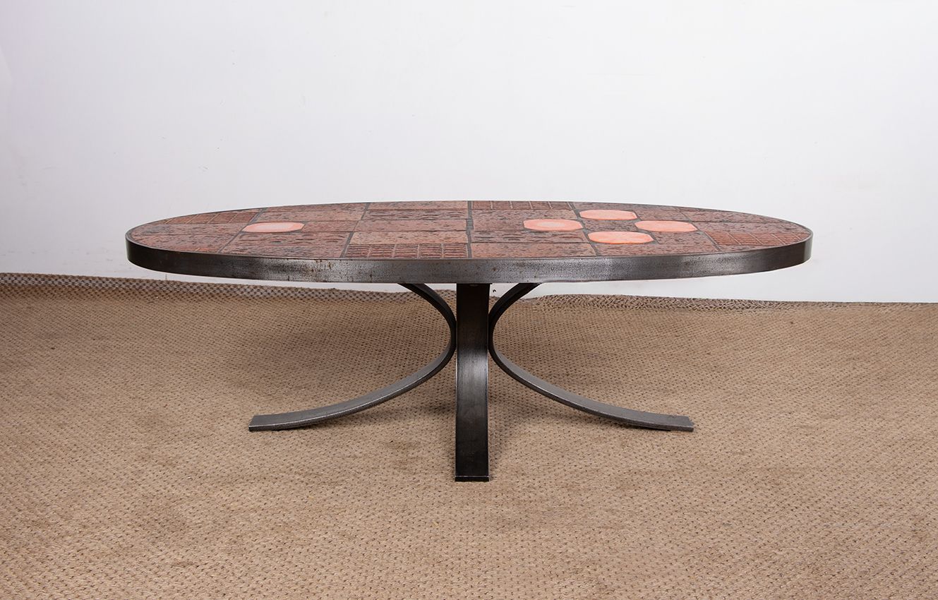 Table basse en pierre de lave, céramique et acier, par Jean Jaffeux, 1960. photo furniture