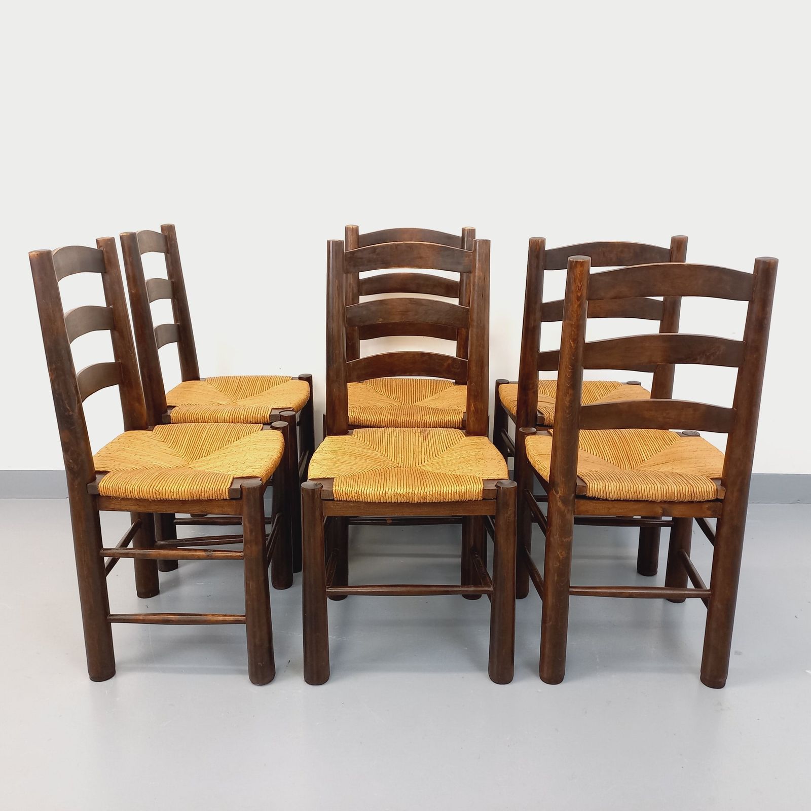 6 Brutalist Chairs By Georges Robert In Wood And Straw photo for sale