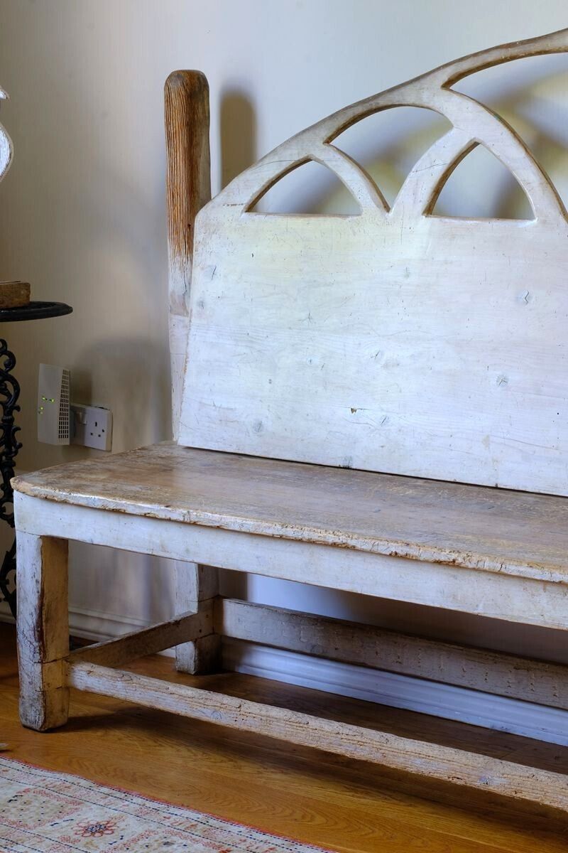 19th Century English Gothic Revival Painted Pine Hall Bench photo for sale