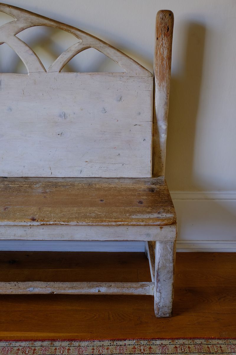 19th Century English Gothic Revival Painted Pine Hall Bench photo vintage