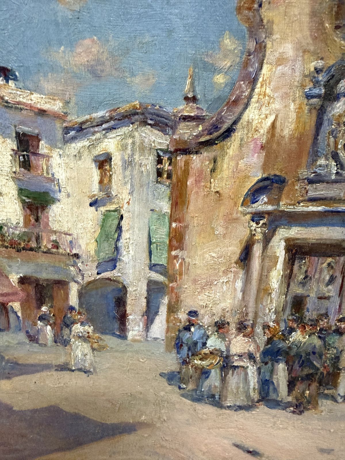 Joan Roig Soler, place d'église méditerranéenne animée de personnages, peinture à l'huile impressionniste espagnole, 1900 photo buy