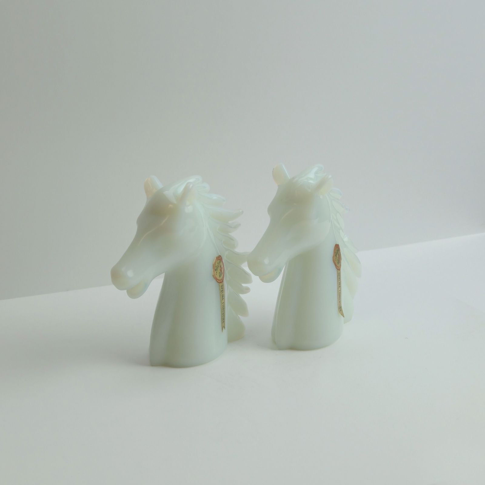 Pair Of Stelvia Opalina Fiorentina Opaline Glass Horse Head Sculptures, Italy, 1960s photo vintage