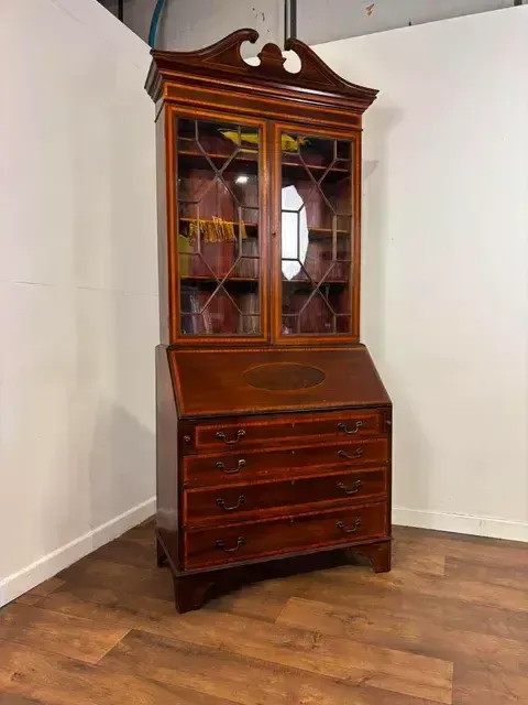 529.0 Edwardian Sheraton Style Inlaid Mahogany Bureau Bookcase photo