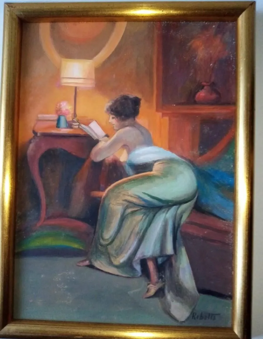 Antiek impressionistisch olieverfschilderij op paneel, portret van lezende vrouw | 20e eeuw