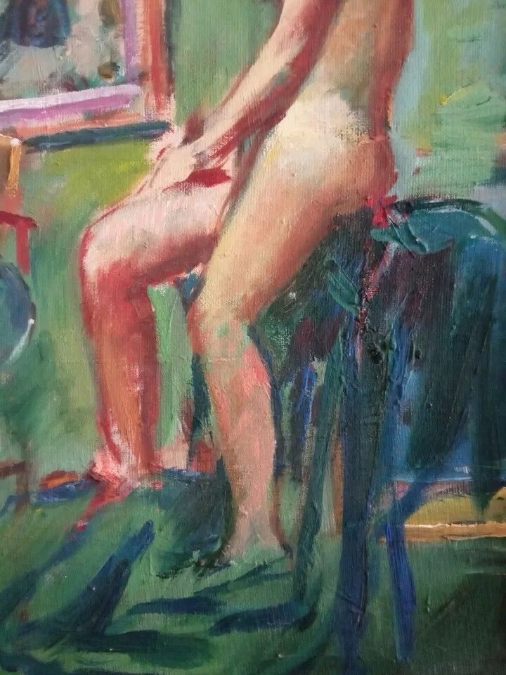 photo for sale Antique Impressionist Oil Painting On Panel – Female Nude Portrait | 20th Century
