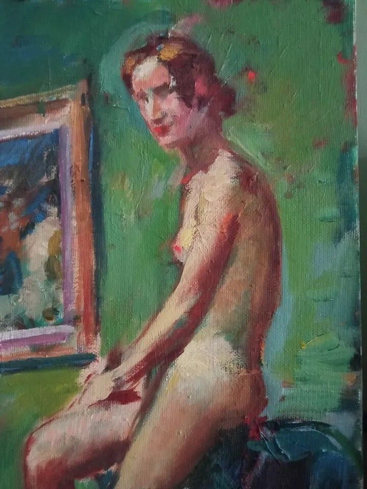 Art Antique Impressionist Oil Painting On Panel – Female Nude Portrait | 20th Century photo