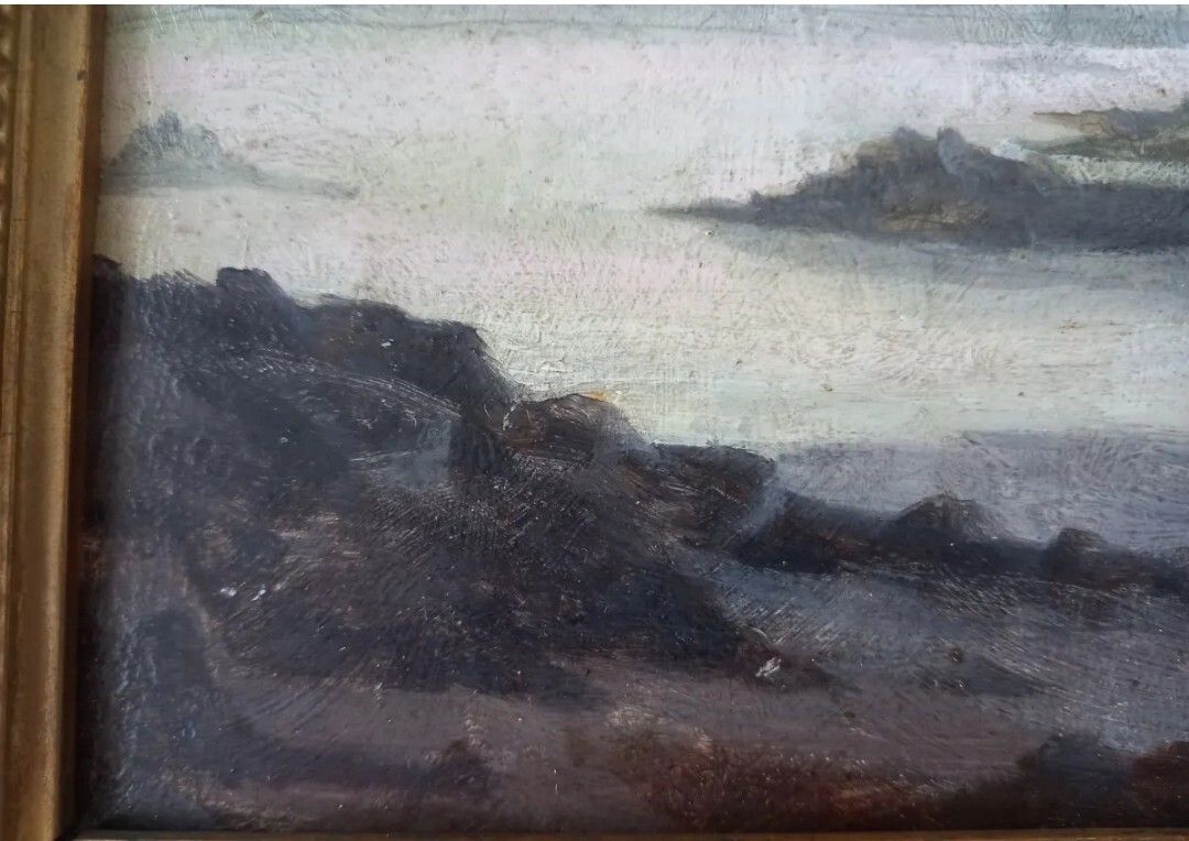 Antiek impressionistisch zeegezicht, olieverf op paneel, 20e eeuw photo Kunst