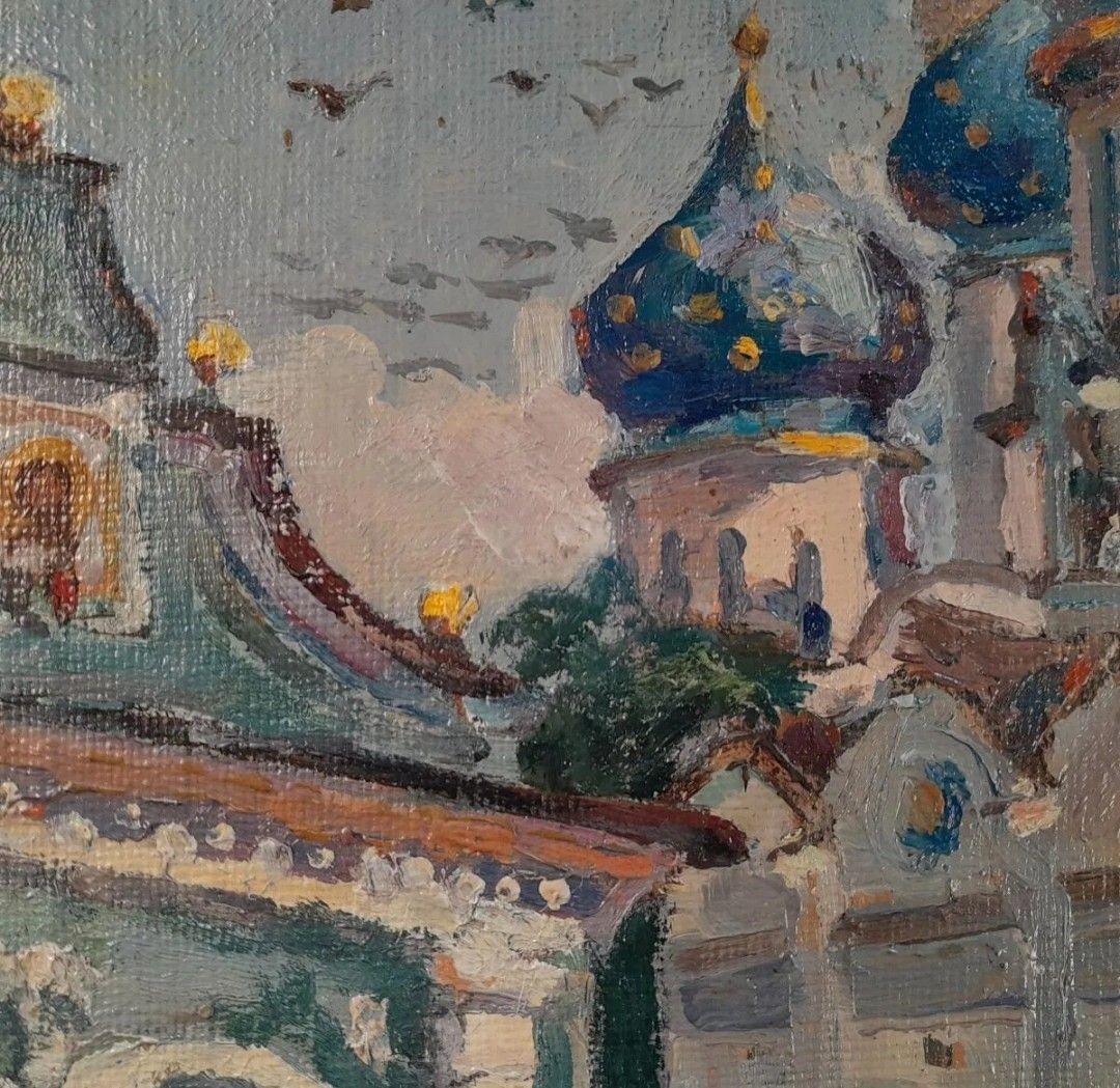 Antiek impressionistisch olieverfschilderij, stadsgezicht met kathedraal | 20e eeuw photo for sale