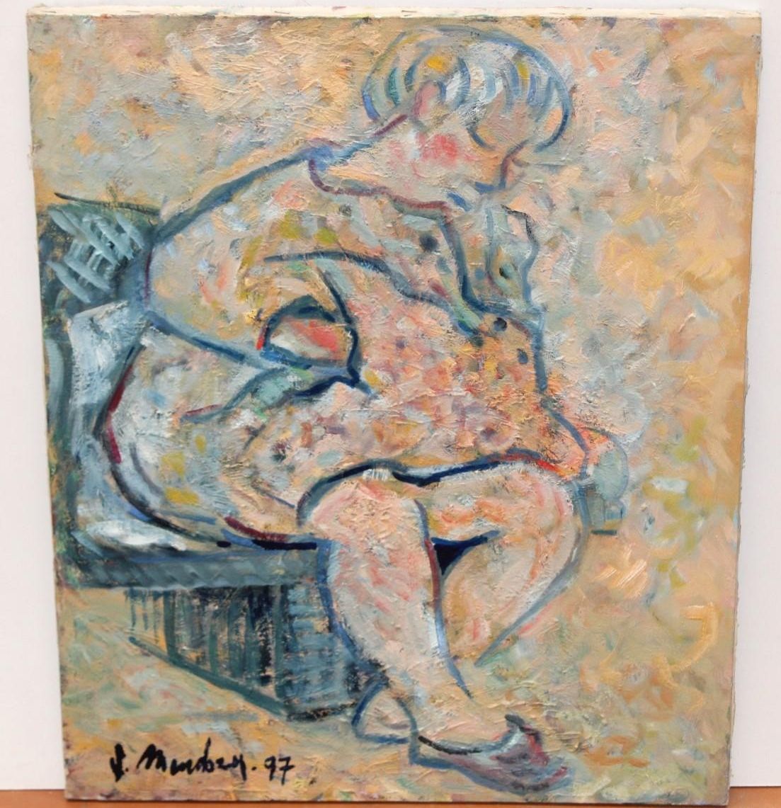 Antiek olieverfschilderij op doek, Impressionistisch vrouwenportret | 20e eeuw photo furniture