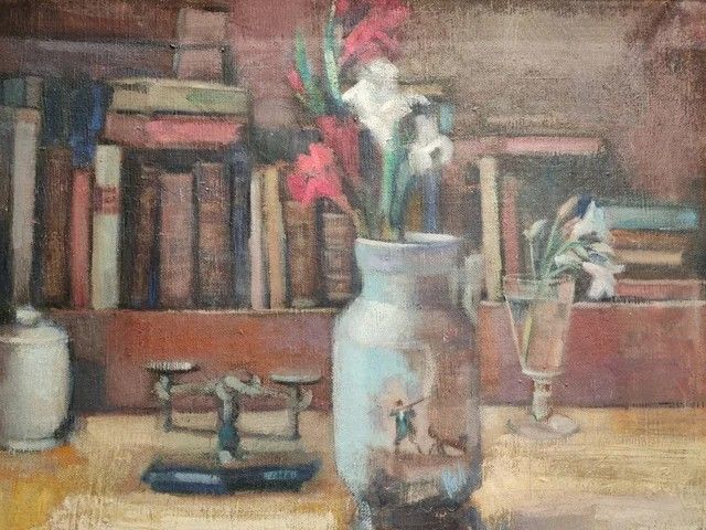 Vintage Oil Painting On Canvas – Flower Bouquet & Books Still Life | 20th Century