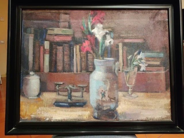 Vintage olieverfschilderij op doek - Bloemboeket en boeken stilleven | 20e eeuw photo furniture