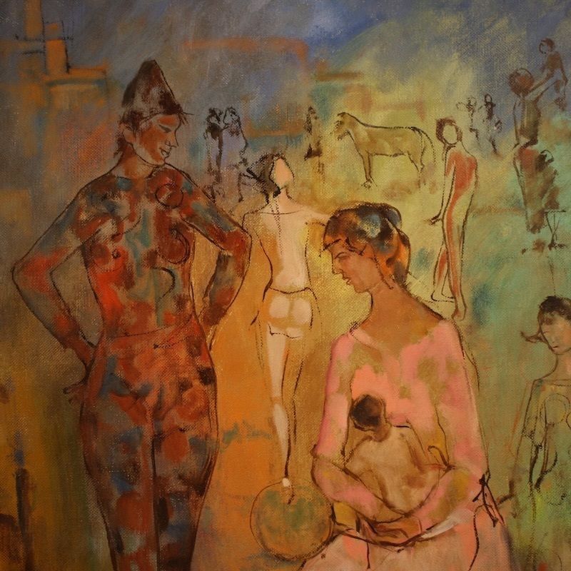 Peinture italienne, Famille d'acrobates, datée 1981 photo 1900.0
