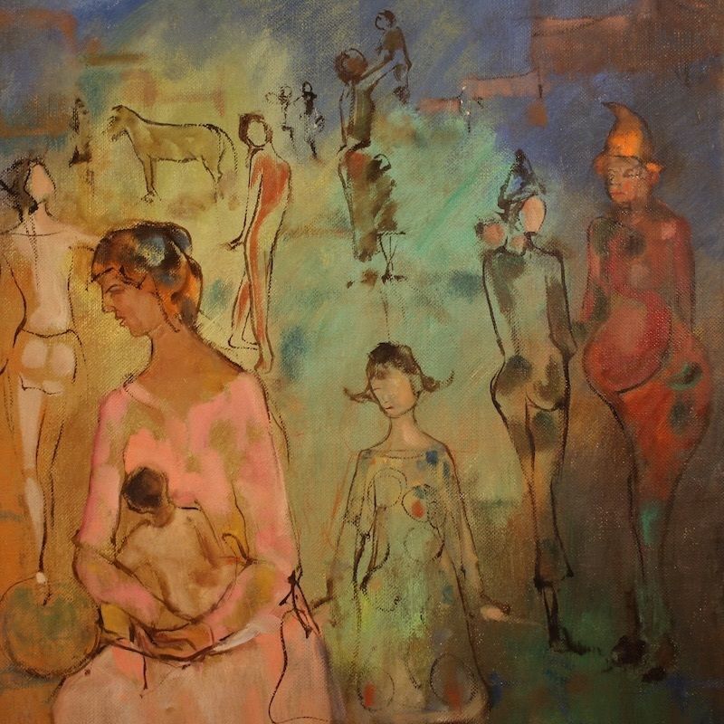 Peinture italienne, Famille d'acrobates, datée 1981 photo buy