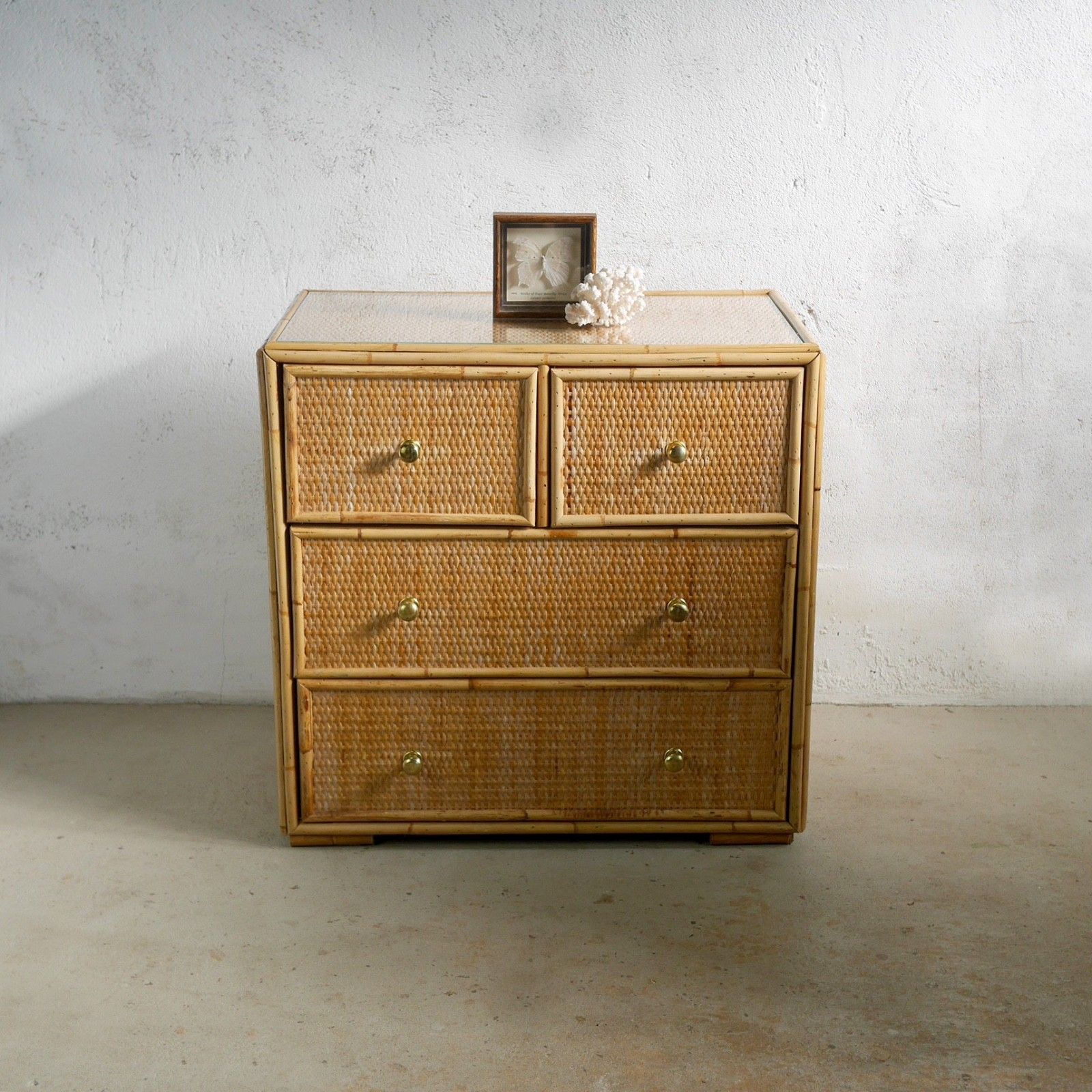 Vintage Mid Century Bamboo Rattan Chest Drawers Brass Angraves Glass Top #102844 photo Furniture