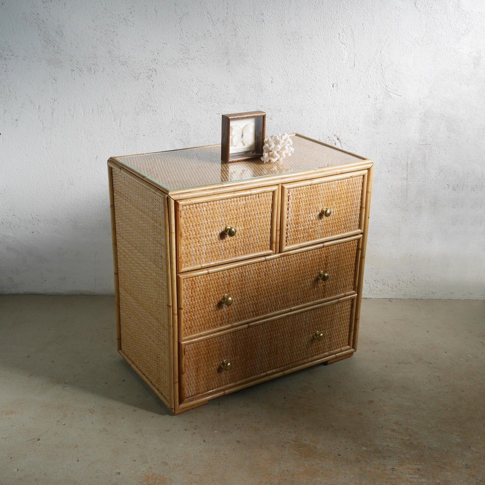 Vintage Mid Century Bamboo Rattan Chest Drawers Brass Angraves Glass Top #102844 photo 425.0