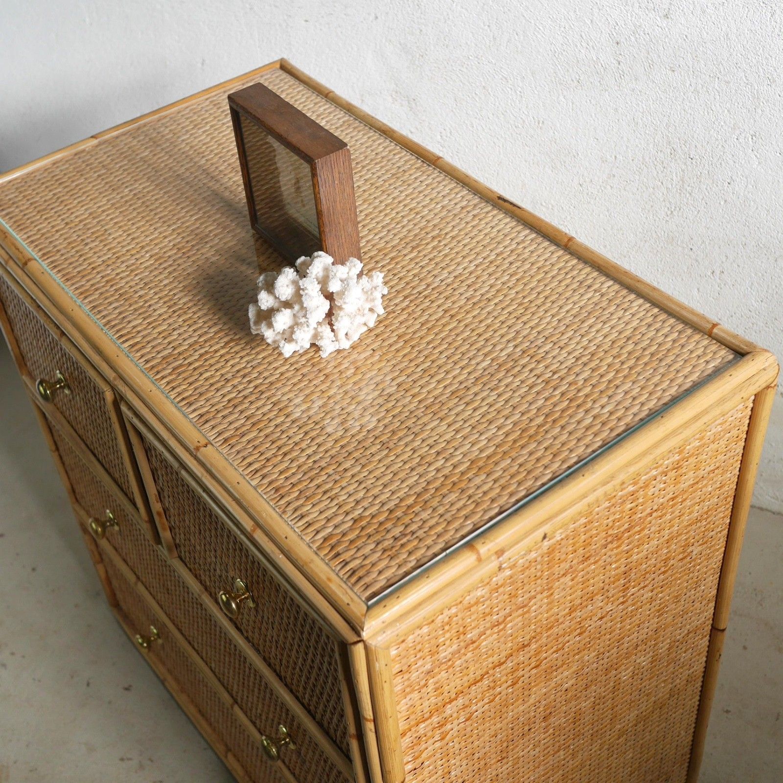 Vintage Mid Century Bamboo Rattan Chest Drawers Brass Angraves Glass Top #102844 photo vintage
